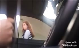 Girl watches guy jerkoff in car